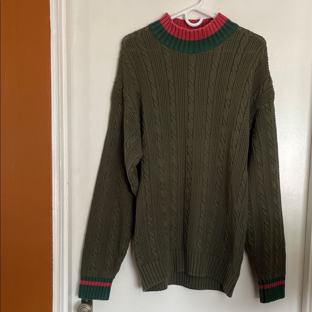 Eddie Bauer Olive and coral/green Crewneck Sweater